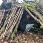 Kinder bauen eine Unterkunft aus Naturholz aus dem Wald.
