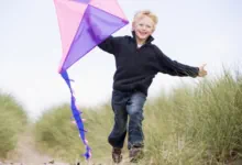 herbst-mit-kindern ein Junge rennt mit einem Drachen auf Parkwegen